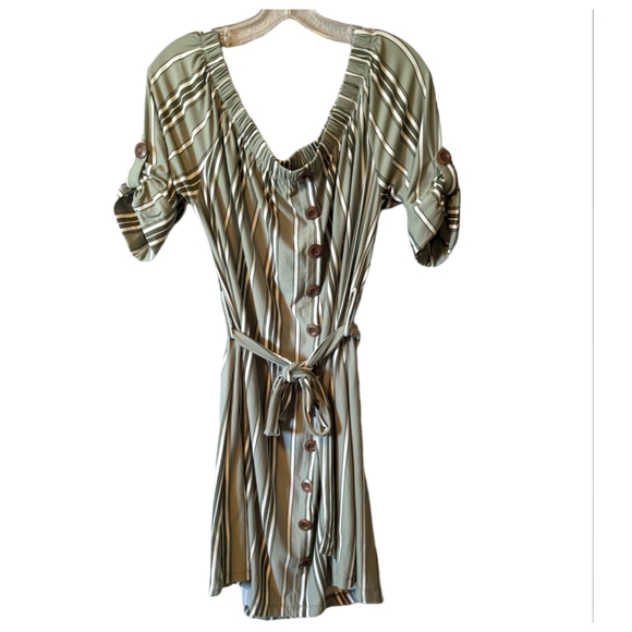 New J for Justify Sage Green Striped Dress Short Sleeves On Off Shoulder 1X - Picture 2 of 9